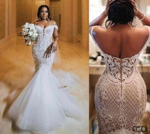 2022 Vestidos de novia de sirena vintage con hombros descubiertos Ilusión de encaje Apliques de tul Sin espalda Tren de barrido Vestidos de novia formales BC14373 GC0906