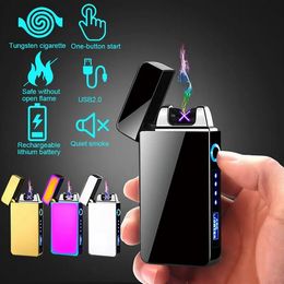 Nouveau électrique double arc USB briquet rechargeable coupe-vent sans flamme briquets plasma sec herbe tabac cigarette fumer avec affichage de puissance LED hommes gadget cadeaux