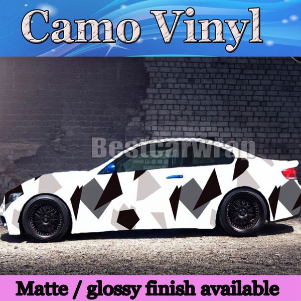 Grand film d'emballage de voiture en vinyle Pixel Camoulfage noir blanc Film de camouflage arctique pour le style de revêtement de véhicule avec air libre taille 1,52x30m/5x98ft
