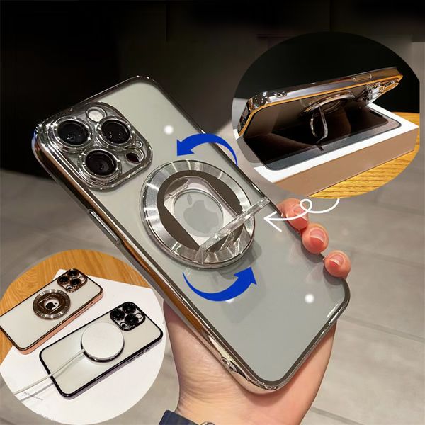 Nouveau placage électrolytique caméra lentille en verre Protection anneau rotatif support magnétique pour étuis Magsafe couverture antichoc pour iPhone 15 14 13 12 11 Pro Max