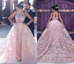 Nieuwe elegante 3D Appliqus Lace Crew Neck Night Jurken 2017 Pink Mouwess Cut Back Back Mermaid Prom Dresses Arabic7797791