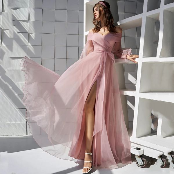 Nuevo Elegante una línea Rosa polvoriento vestidos de fiesta de tul vestido de noche Sexy para mujeres abertura lateral cariño fuera del hombro sin mangas