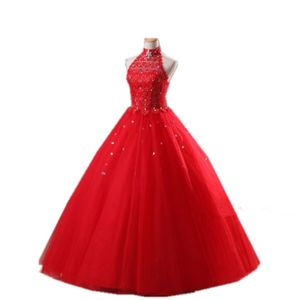 Nouvelle robe de balle élégante Halter Red Dentelle Robe Quinceanera Robes 2018 pour 15 ans Sweet 16 Sweet 16 Prom Geak Robes de bal QC1003