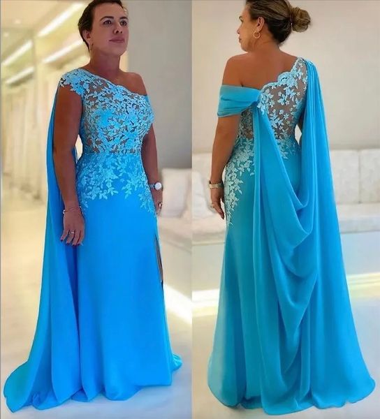 Nouvelle élégant bleu mère de la mariée robe une épaule appliques en dentelle Top Sexy Mariffon A-Line Wedding Party Robes plus taille Robe de Soriee