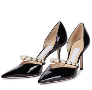 Nouvelles chaussures de robe de mariée élégantes Aurelie Pumps Lady Sandales Perles Strap Marques de luxe Bout pointu Talons hauts Chaussures de marche noires pour femmes avec boîte, EU35-42
