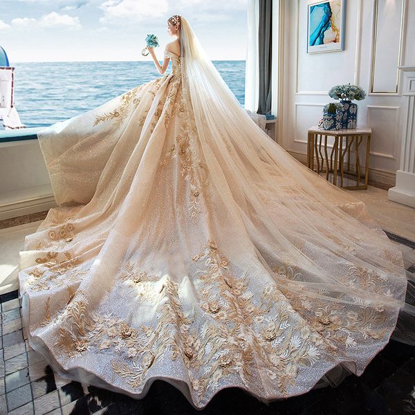 Nouvelles robes de mariée de campagne élégantes hors de l'épaule chérie appliquée perlée à manches courtes princesse grande taille dentelle Champagne fleurs 3D robes de luxe De Noiva