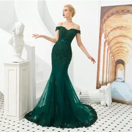 Nieuwe Elegante Dark Green Mermaid Prom Dresses Off Shoulder Lace Robe de Bal Longue Train Sexy Avondjurk