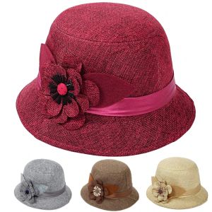 Nuevos sombreros elegantes de lino con flores, sombreros de Flor Retro para mujer, gorros para la iglesia, sombrero con forma de cubo para primavera y verano para mujer, viseras