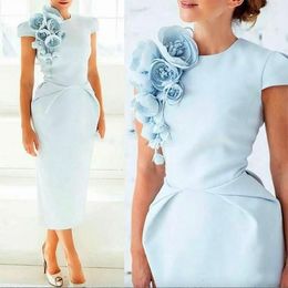 Nouvelles robes de soirée formelles élégantes avec des fleurs faites à la main Pageant coiffées à manches courtes 2024 longueur de thé gaine robe de cocktail de bal