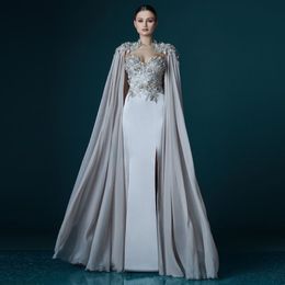 Nouveau élégant gris en mousseline de soie longue cape dentelle Appliques robe de soirée droite robes de bal dame Maxi robe fluide événement célébrité Lon253M
