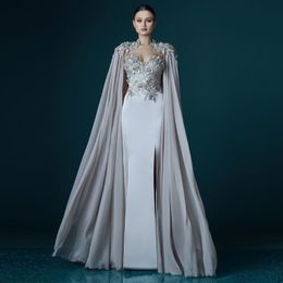 Nouveau élégant gris en mousseline de soie longue cape dentelle Appliques robe de soirée droite robes de bal dame Maxi robe fluide événement célébrité Lon283Z