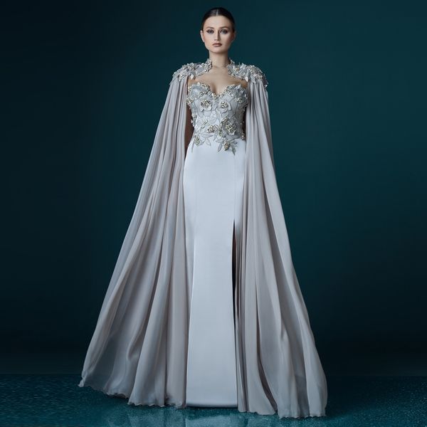 Nouveau élégant gris en mousseline de soie longue cape dentelle Appliques robe de soirée droite robes de bal dame Maxi robe fluide événement célébrité robes longues