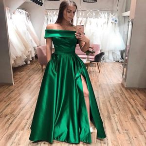 Nieuwe elegante groene prom -jurken Strapless Satin Slit Party Maxys Long Prom jurk met zakken Avondjurken Robe de Soiree 258T