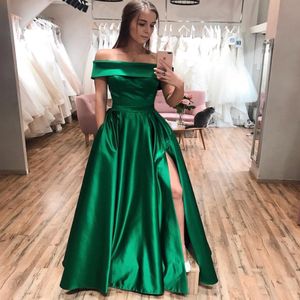 Nieuwe elegante groene prom -jurken Strapless Satin Slit Party Maxys Long Prom jurk met zakken Avondjurken Robe de Soiree 219N