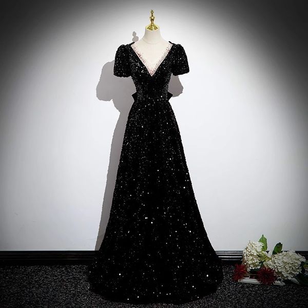 nouvelle robe de mère élégante mère de la mariée robes velours pailleté noir rouge sexy col en v manches courtes longueur de plancher sur mesure fête d'invité de mariage robes de bal même