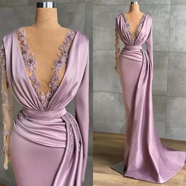 NUEVOS elegantes vestidos de noche de sirena de satén con mangas largas con cuello en V profundo y apliques de encaje Vestidos de fiesta de graduación árabe Aso Ebi fruncido S302n