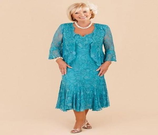 Robes mère de la mariée en dentelle turquoise élégantes, grande taille, longueur thé, robes de soirée de mariage avec veste à manches longues, nouvelle collection 20225144100