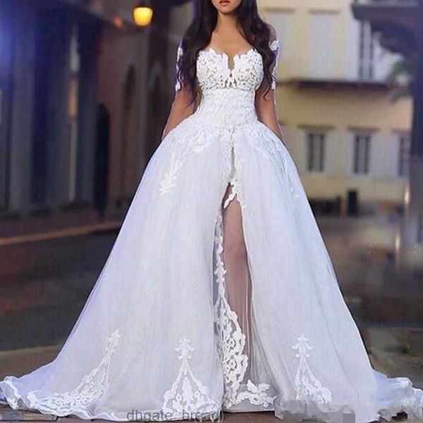 Nouvelles robes de mariée élégantes avec jupe sur l'épaule appliquée manches longues robes de mariée en dentelle froncée avec train détachable