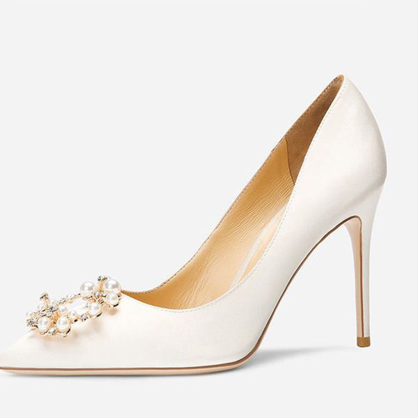 Nuevos zapatos de boda blancos elegantes Stiletto Pearl Buckle Tacones altos para WQMen