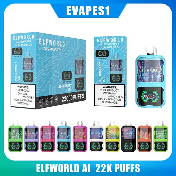 Nouveau Elfworld AI22000 Puff 20k Crystal numérique Disposable E Cigarettes Affichage en plein écran 650mAh Type-C 26ML Préfilé 10 saveurs Cartouche Elfworld Vapes