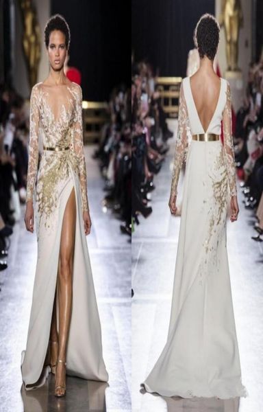 Nuevo Elie Saab Split Slit Sirena Vestidos de noche Cuentas con lentejuelas Apliques de encaje Vestidos de fiesta Tren de barrido Vestido de fiesta de manga larga 9913538