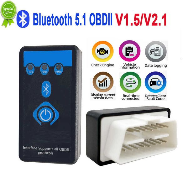 Nouveau ELM327 V1.5 V2.1 OBD2 Bluetooth 5.1 Interface de Diagnostic de voiture ELM 327 Scanner OBDII matériel avec interrupteur pour lecteur de Code Android