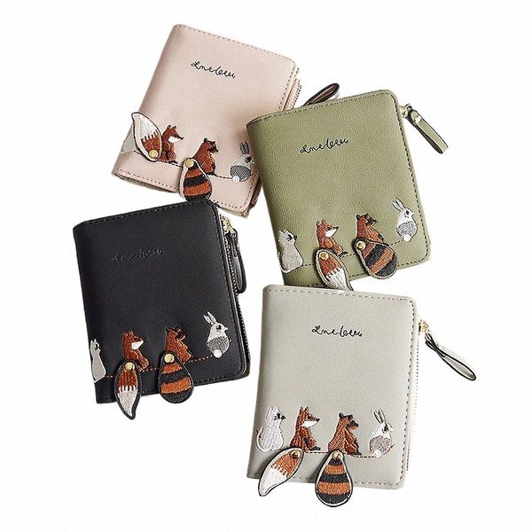 Nouveau portefeuille de conception animale brodé pour femmes Vogue Carto Racco Fox Tail Portefeuilles en cuir Zip Coin Pocket Student Fold Purse T9DT #