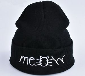 Nuevo bordado letras gato MEOW gorros de punto sombreros invierno cálido gorro Unisex lana Hip Hop Skullies gorras
