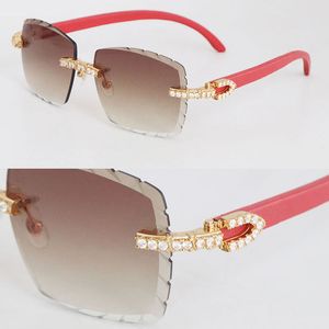 Nuevas gafas de sol de diamante sin fin Red Wooden Rimless 8200758 Gafas de madera de mujer vintage Famosas lentes de corte de diamante Piedras grandes de lujo Hombres y mujeres Gafas cuadradas