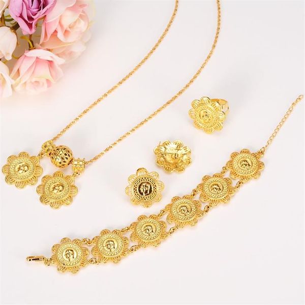 NUEVOS conjuntos de monedas etíopes joyería con 24 k real amarillo sólido oro GF colgante collar pendientes anillo pulsera boda nupcial Women223r