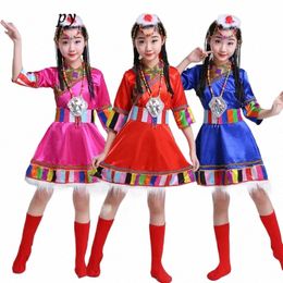 Nuevos niños étnicos Traje de rendimiento tibetano Niñas Mgolian Danza Espectáculos Trajes tibetanos h8Ff #