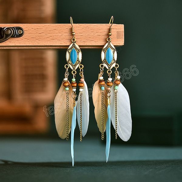 Nuevo étnico pendientes colgantes de plumas largas para mujer, cuentas de borlas bohemias, pendientes esmaltados hechos a mano, joyería de boda para novia y niña