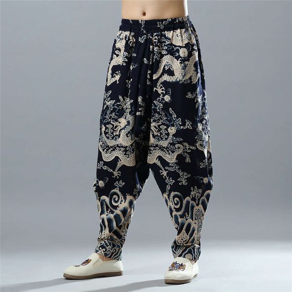 Nuevo Pantalones para hombre de estilo étnico, pantalones informales con estampado chino, entrepierna colgante, diseño de dragón suelto, pantalones acampanados curvos