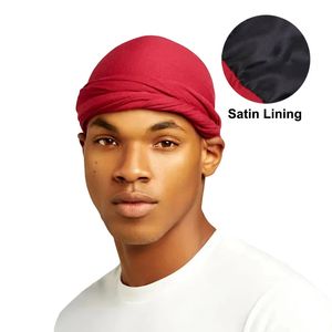 Nieuw etnische stijl model katoen vlecht heren tulband hoed satijn gevoerde elastiek ingepakte hoofdhoed Arabische vezel hoed do-rag lange riemen