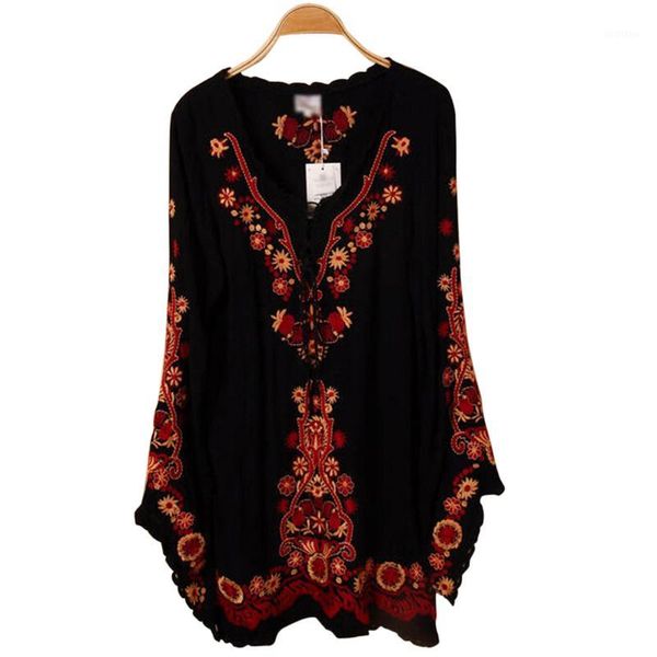 Vestidos casuales Vestido étnico de manga larga para mujer bordado floral boho top túnica mexicana gitana mini vestido1