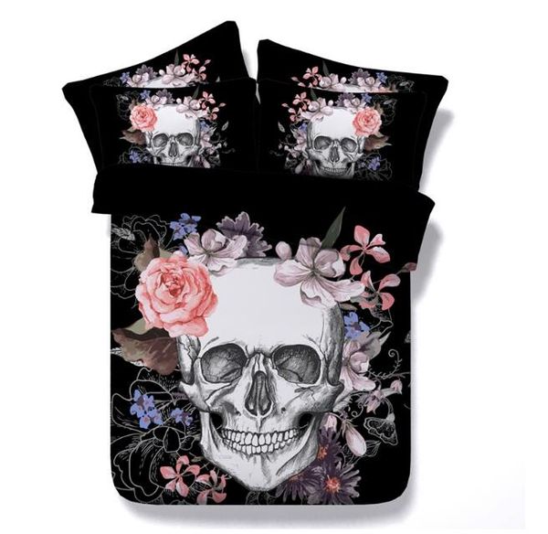 NUEVO Estilo de Europa Diseño de flores de calavera Poliéster Algodón 3 PCS Juego de cama Funda de almohada Full Queen King Super King Size 401