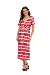 Nieuwe Europese en Amerikaanse digitale gedrukte dameskleding NIEUWE V-hals Korte mouw splitmateriaal jurk spot 6189 G220309