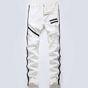 Nieuwe Europese en Amerikaanse jeans, grensoverschrijdende elastische oversized broek voor heren, Amazon Hot Selling witte jeanstrend met ritssluiting