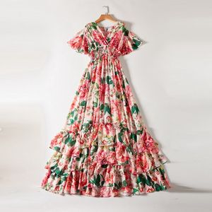 Nieuwe Europese en Amerikaanse damesjurken voor de lente Lotusblad mouw v-kraag Pioendruk elastische taille mode-jurk