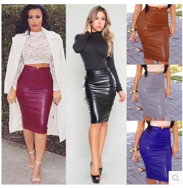 Nouvelle mode européenne sexy femmes taille haute plus tunique moulante en velours midi longue jupe crayon en cuir PU SMLXLXXL