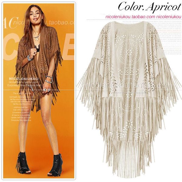 Nouvelle manche courte européenne Fashion Femmes en cuir en cuir creux à la chair florale Floral Fringe Cool Cape Coat Cardigans