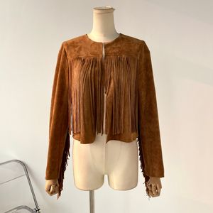 Nieuwe Europese mode dames o-neck lange mouw suède lederen kwastje fringe short jas jas sm.