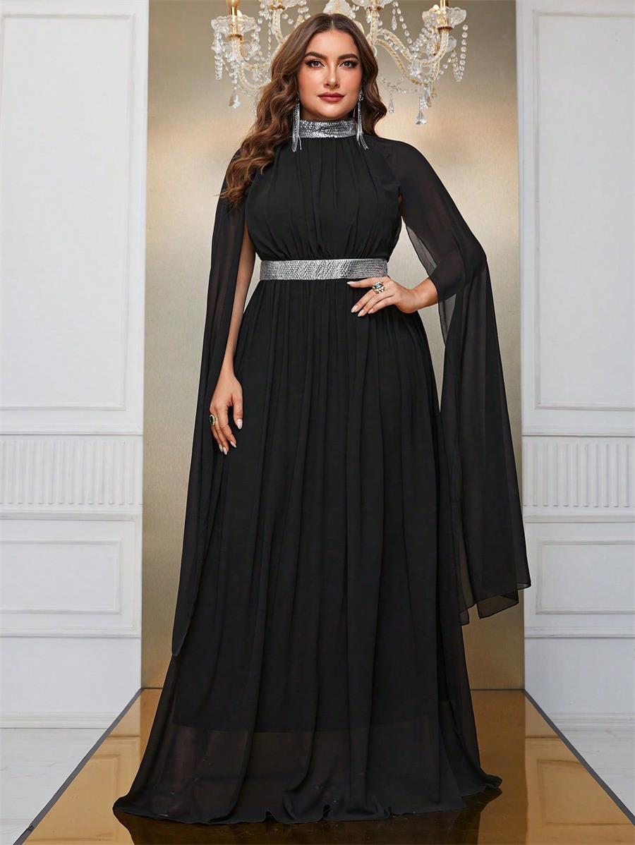 Yeni gece elbise büyük şifon şal elbise yüksek boyun uzun siyah elbise Dubai Arap FSSW4010