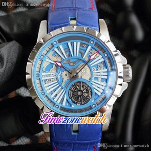 Nuevo Excalibu 46 mm Reloj automático para hombre Caja de acero inoxidable Esqueleto Tourbillo Dial Marrón / Azul / Negro Relojes de cuero Timezonewatch E77b1