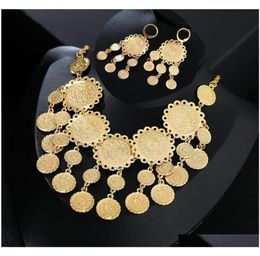 Nieuwe prachtige bruids bruidshuwelijks sieraden set gouden kleur moslim munt ketting oorrel in het Midden -Oosten Arabische sieraden cadeau yfks93799308