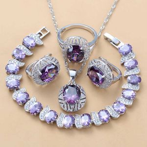 Ensemble de grands bijoux de mariage en cristal autrichien pour femmes, couleur argent exquis AAA + violet, ensembles de costumes de mariée H1022, nouvelle collection