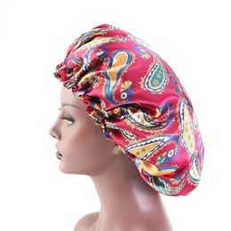 Nieuwe extra grote satijnen beklede motorkap vrouwen Big Size Beauty Print Satin Silk Bonnet Sleep Night Cap Head Cover Bonnet Hat Groothandel