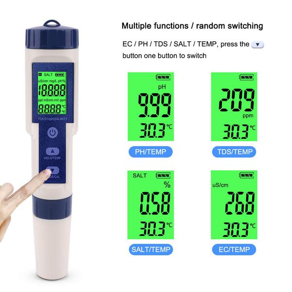 Nuevo EZ-9909 5 en 1 TDS/EC/PH/Salinidad/Medidor de temperatura Monitor de calidad de agua digital para piscinas, agua potable