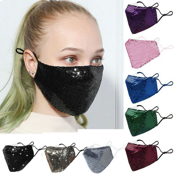 Mascarillas Moda Bling Party Lentejuelas Paillette Lujo Lavable Reutilizable Mascarillas para adultos Máscara protectora ajustable Algodón Transpirable para adultos al aire libre