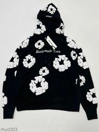 New Falection Mens Readymade Denims Flower Puff Printed Distressed Hoodie Sweatshirt Men Top Pullover Uiw98 31C2